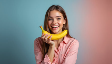 Joyful woman holding a banana with a radiant smileの素材