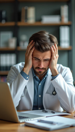 Stressed doctor with head in hands at deskの素材