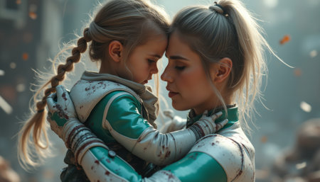 Tender embrace between a mother and daughter in futuristic attireの素材