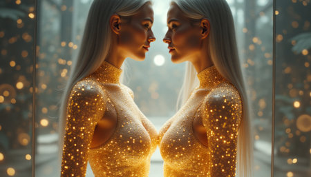 Two elegant women in shimmering gold outfits reflecting in a dreamy atmosphereの素材