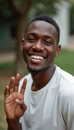 Cheerful young man waving with a bright smileの素材