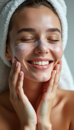 Radiant woman enjoying a facial cleanseの素材
