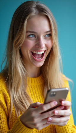 Joyful woman in a yellow sweater excitedly using her smartphoneの素材