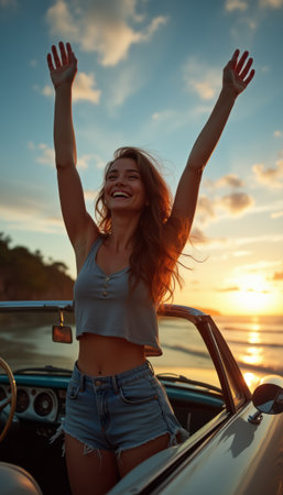 Joyful woman celebrating in a convertible at sunsetの素材