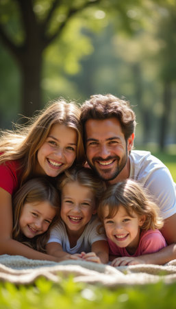 Joyful family portrait with children in a sunny parkの素材