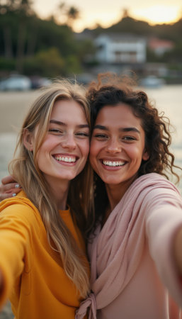 Joyful friends capturing a selfie at sunsetの素材