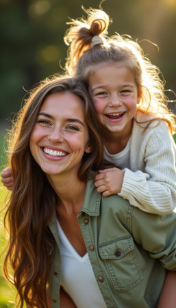 Joyful mother and daughter sharing a playful moment outdoorsの素材
