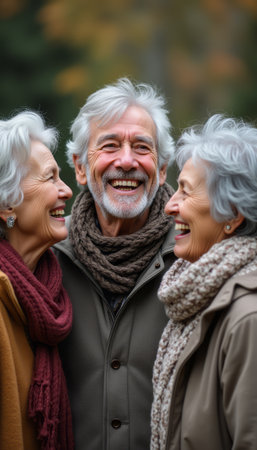 Joyful elderly friends sharing laughter in a cozy outdoor settingの素材