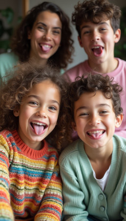 Joyful family making silly faces togetherの素材