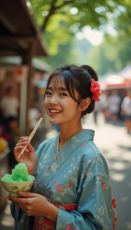 Joyful woman in traditional kimono enjoying shaved iceの素材