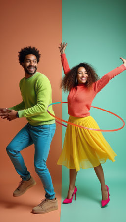 Joyful couple dancing with hula hoop in vibrant colorsの素材