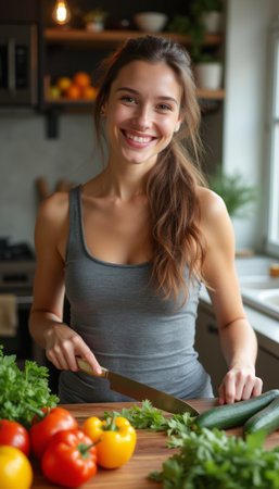 Smiling woman preparing fresh vegetables in a bright kitchenの素材
