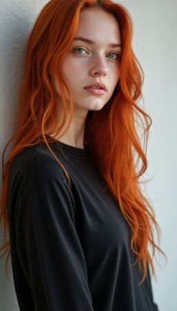 Striking portrait of a young woman with vibrant orange hairの素材