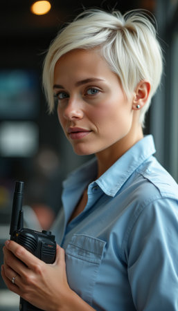 Confident woman with short blonde hair holding a walkie-talkieの素材