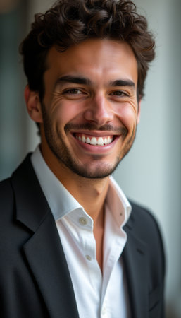 Confident young man in a suit with a radiant smileの素材