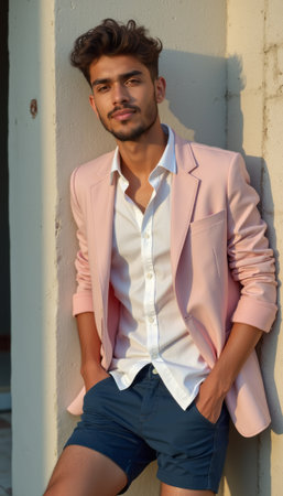 Stylish young man in a pink blazer and white shirtの素材