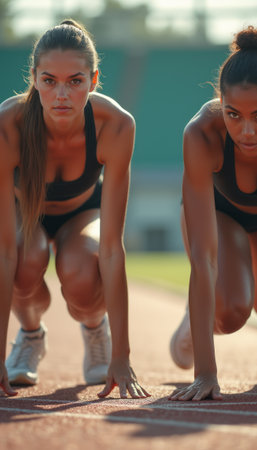 Two determined female athletes poised at the starting lineの素材