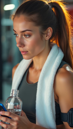 Focused woman in workout gear checking her phoneの素材