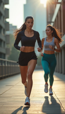 Two women sprinting in the city during golden hourの素材