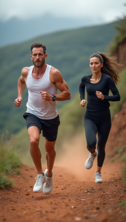 Dynamic duo sprinting through a scenic trailの素材