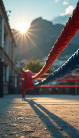 Sunrise illuminating a boxing ring with vibrant ropesの素材
