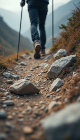 Hiker navigating a rocky mountain trailの素材