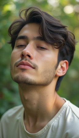Confident young man with tousled hair in a serene outdoor settingの素材