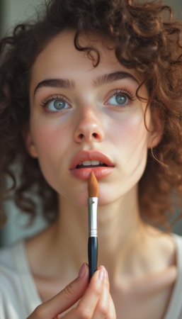 Young woman applying makeup with a brushの素材