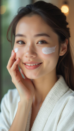 Smiling woman applying skincare creamの素材