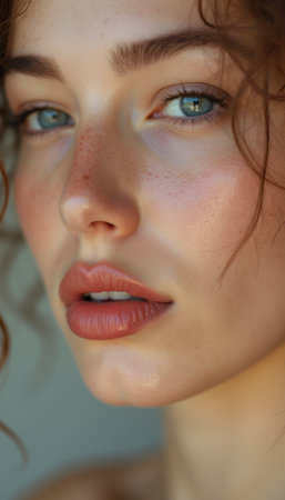 Close-up of a beautiful woman with curly hair and striking blue eyesの素材