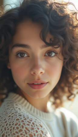 Radiant young woman with curly hair and natural beautyの素材