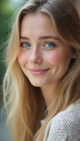 Radiant young woman with captivating blue eyes and a warm smileの素材