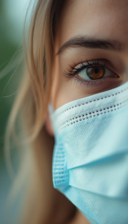 Close-up of a womans eye behind a blue surgical maskの素材