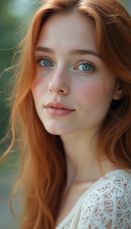 Radiant young woman with flowing red hair and captivating blue eyesの素材