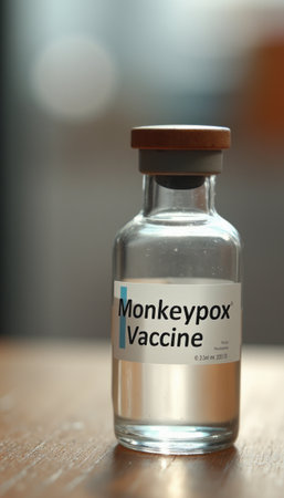 Close-up of a Monkeypox vaccine vial on a wooden tableの素材