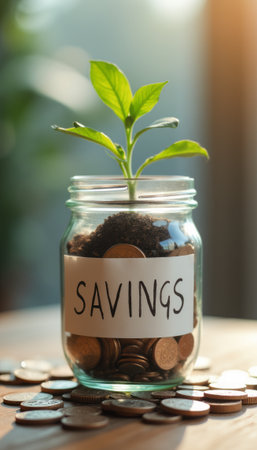 A thriving plant emerges from a jar of coins labeled \"SAVINGS\"の素材