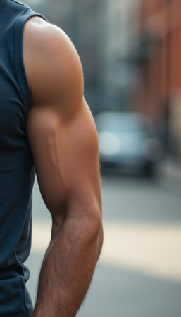 Close-up of a muscular male arm in a casual settingの素材
