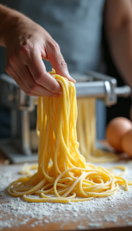 Hand holding freshly made pasta strandsの素材