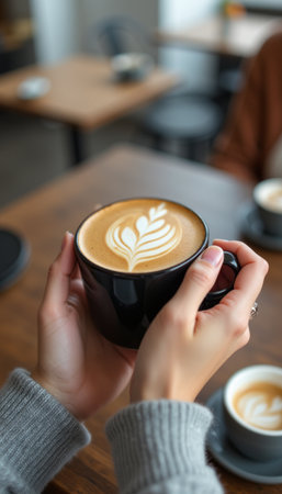 Warm cup of coffee with latte art held in cozy handsの素材