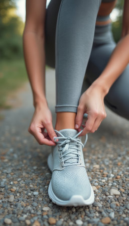 Woman tying her running shoe on a gravel pathの素材