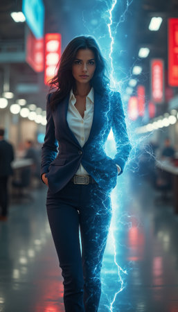 Confident businesswoman surrounded by electric energyの素材