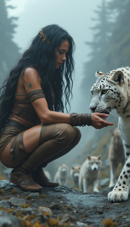 Warrior woman connecting with a majestic snow leopardの素材