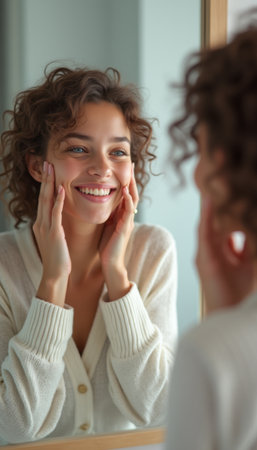 Joyful woman admiring her reflection in the mirrorの素材