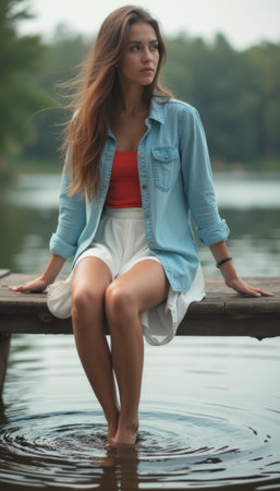Thoughtful woman sitting by the waterの素材