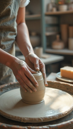 Crafting a beautiful pottery piece on a spinning wheelの素材