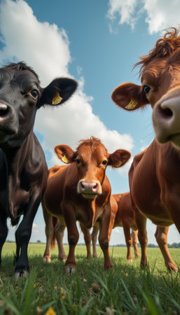Curious cows gazing at the camera in a sunny pastureの素材