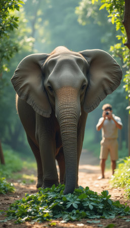 Majestic elephant encounters a curious photographerの素材