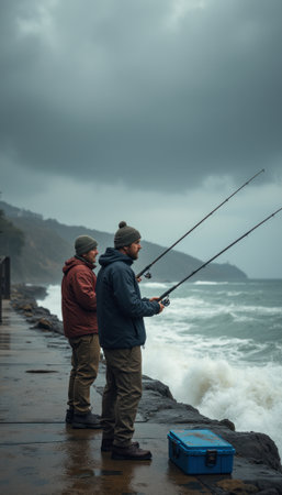Two fishermen casting lines into stormy watersの素材