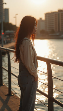 Contemplative woman gazing at sunset by the waterの素材