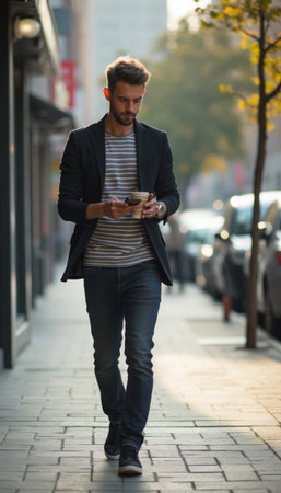 Stylish man walking and texting on a city streetの素材